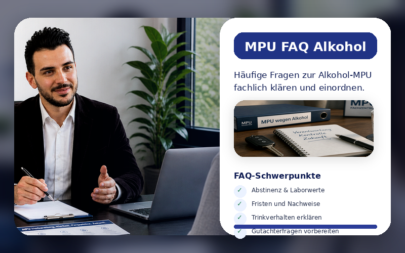 Beratung im MPU Fachzentrum zu häufigen Fragen bei einer MPU wegen Alkohol mit Nachweisen, Fristen und fachlicher Einordnung 