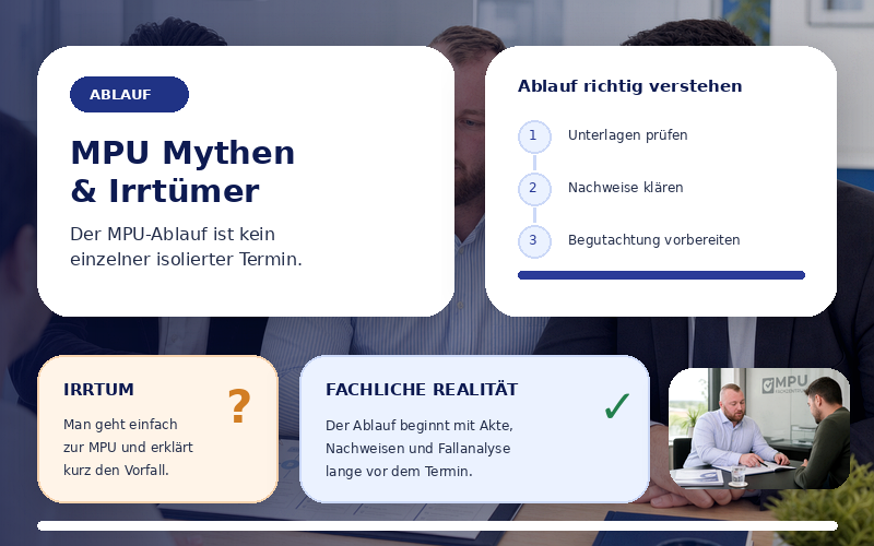 Beratung im MPU Fachzentrum zu Mythen und Irrtümern beim MPU-Ablauf mit Unterlagenprüfung, Nachweisen, Fallanalyse und Vorbereitung