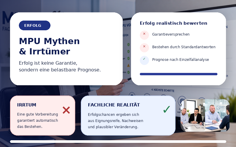 Beratung im MPU Fachzentrum zu Mythen und Irrtümern über MPU-Erfolg mit realistischer Prognose, Eignungsreife, Nachweisen und fachlicher Einordnung