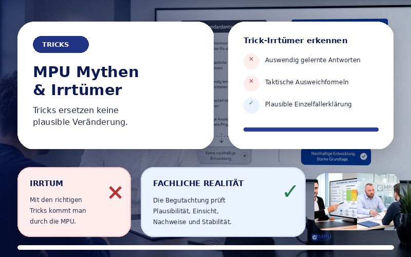 Beratung im MPU Fachzentrum zu Mythen und Irrtümern über MPU-Tricks mit Plausibilitätsprüfung, Einzelfallanalyse und fachlicher Vorbereitung